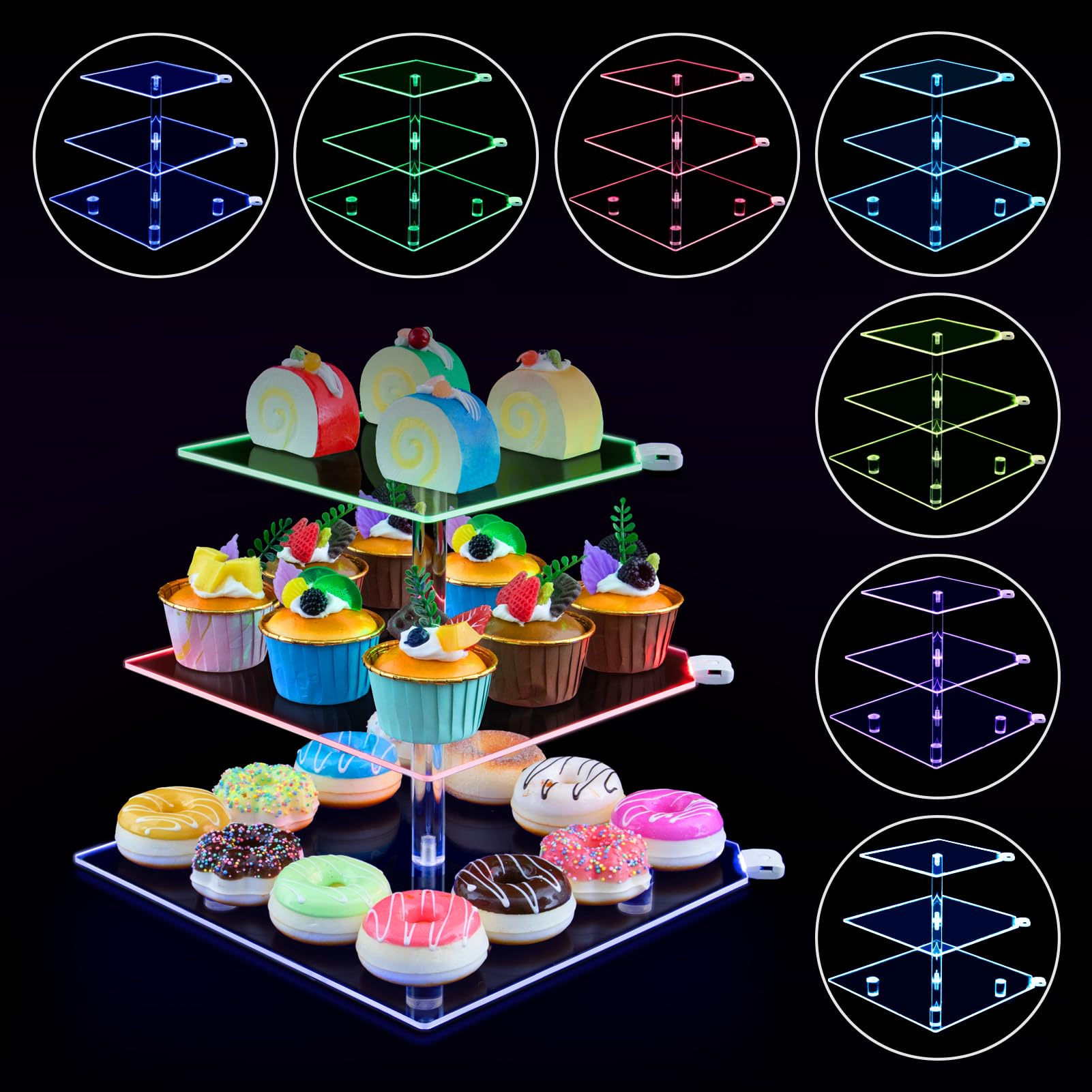 3 Tier LED Acrylic Square Clear Cupcake Tower Display Stands