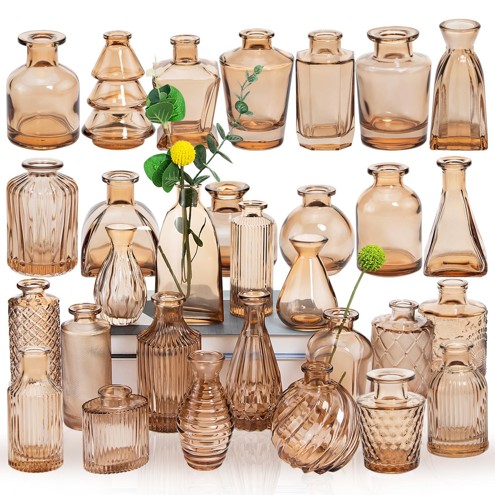 30 Pack Amber Glass Flower Vase Small Clear Bud Vases in Bulk