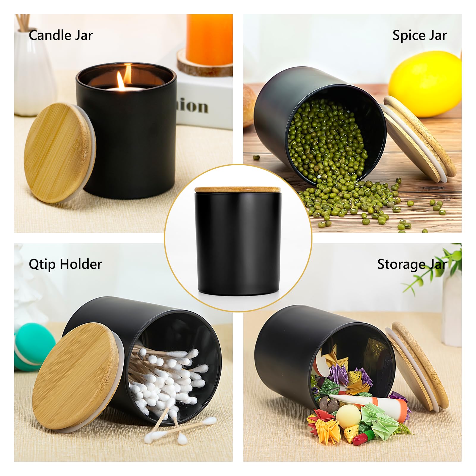 15 Pack Empty Black Candle Jars with Bamboo Lids
