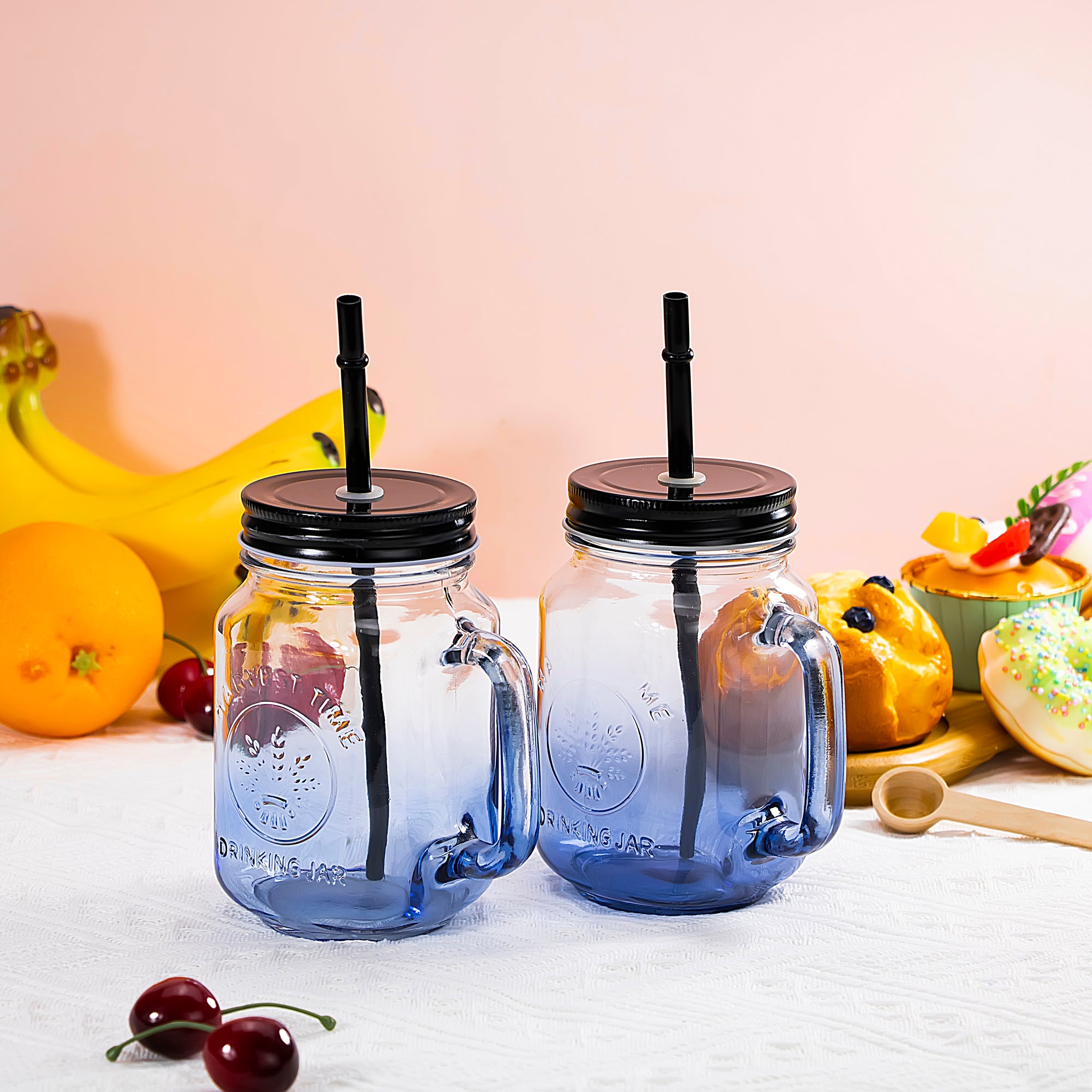 2 Pack Navy Blue Mason Jar Drinking Glass Set 16oz – A-Best Glass