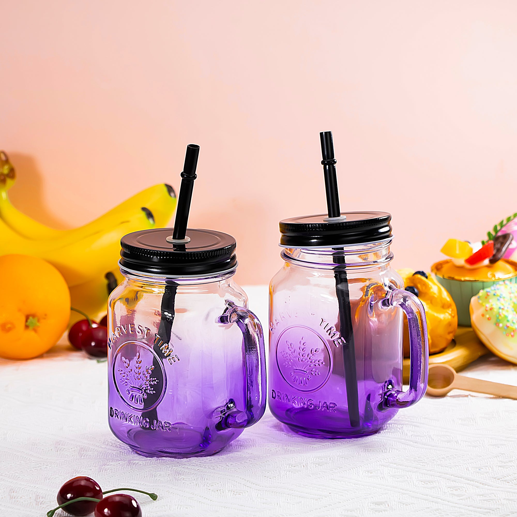 2 Pack Purple Mason Jar Drinking Glasses Set 16oz